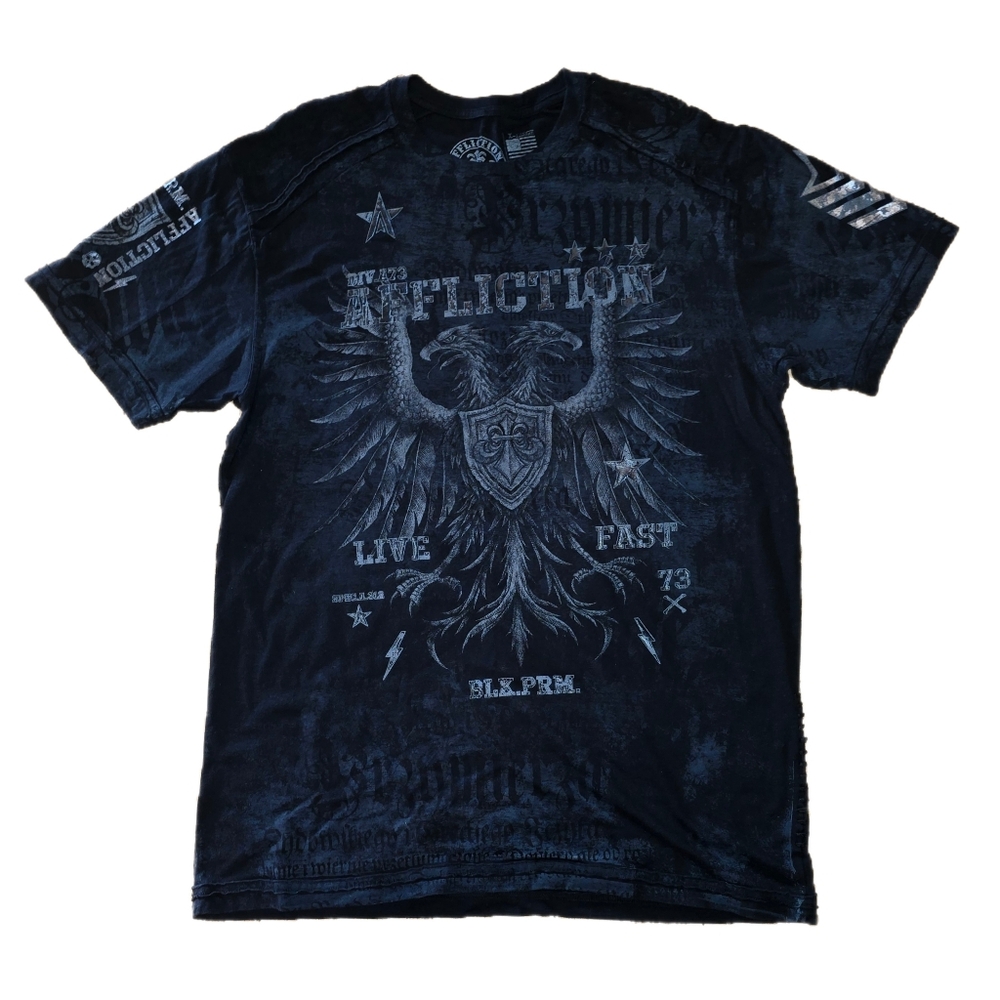 Affliction Live Fast Enlist Eagle Black Grey Shirt Size XL Y2K Goth Core Buckle